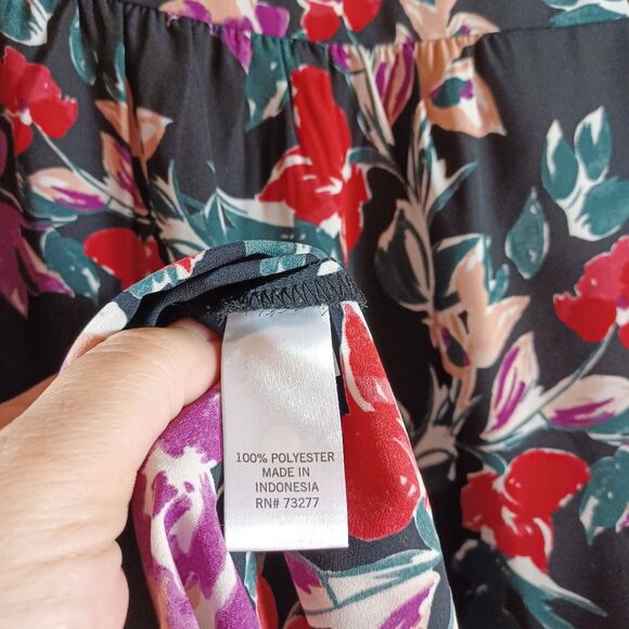 EVRI 4X Floral Tie Neck Tunic Blouse Black Red Purple Long Sleeve Semi Sheer - Picture 8 of 9